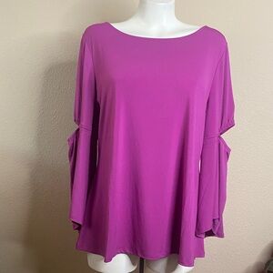 H BY HALSTON purple/fushia lightweight net swing long bell sleeve retro top M